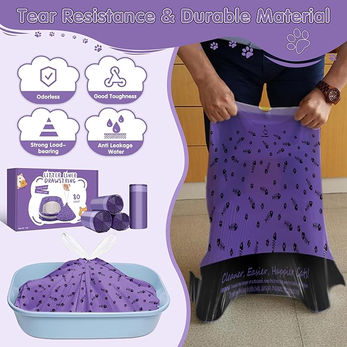 80 Count Jumbo Cat Litter Box Bags, 36" x 18" Drawstring Liners, Heavy Duty and Extra Large, Easy Clean Up, Kitty Waste Bag For Pet Supplies