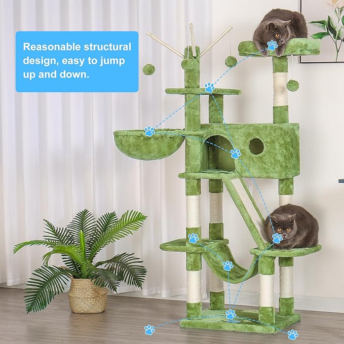 Hey-brother Cat Tree, 61 inch Cat Tower for Indoor Cats, Cat House with Padded Platform Bed, Toy Balls, Large Cozy Condo, Hammocks and Sisal Scratching Posts, Green MPJ019GR
