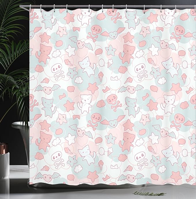 Ambesonne Cartoon Shower Curtain, Styled Cats Bats and Skulls Japanese Inspired Kawaii Design, Cloth Fabric Bathroom Decor Set with Hooks, 69" W x 75" L, Light Pink