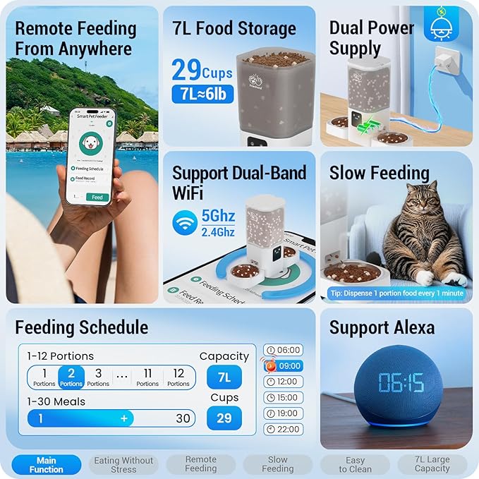 Automatic Cat Feeder with Slow Feed for 2 Cats: 5G WiFi Automatic Dog Feeder with 7L Large Food Storage Container, Cat Food Dispenser with Alexa for Multiple Pets, Detachable for Easy Clean -29 Cup