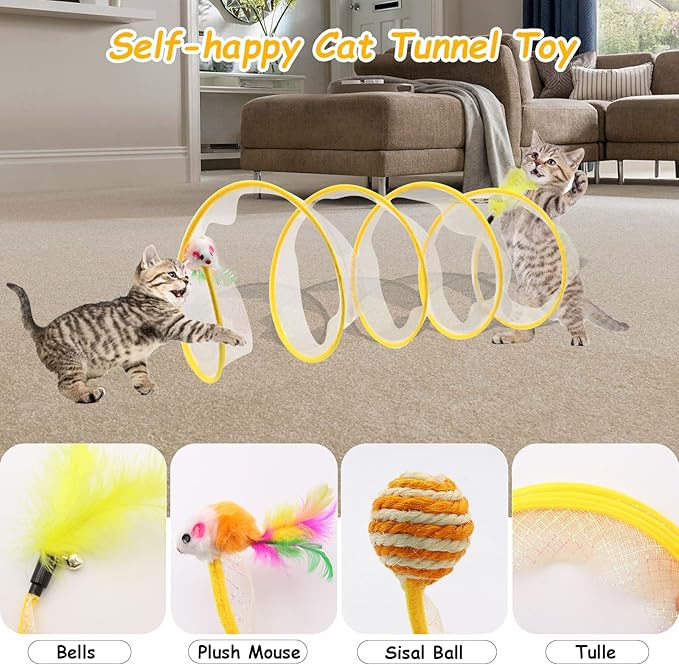 2 Packs Folded Cats Tunnel, Cats Tunnels Toy for Indoor Cats, Collapsible Cats Tubes Played Tunnel Spring Pet Cats Tunnel Bed Interactive Toys with Feather Mouse Hemp Ball for Kitten Yellow