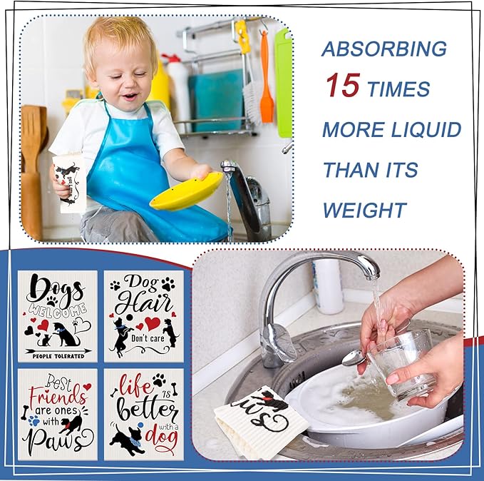8 count Swedish Kitchen Dishcloths Towels Reusable Swedish Absorbent Sponge Cleaning Dish Cloths Quick Drying Kitchen Washable Decorative for Animal Lover Gifts for Women Hand Towel(Dog)