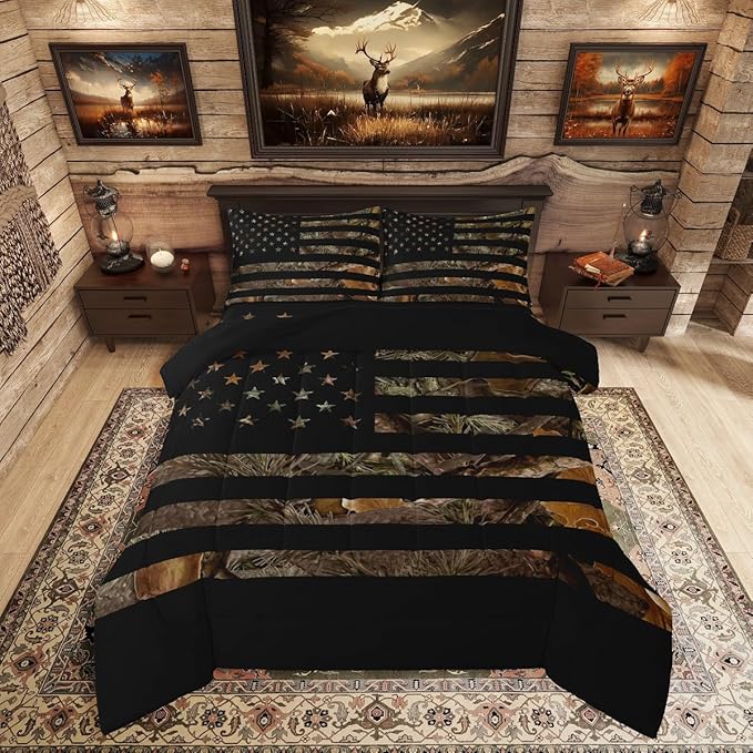 American Flag Camo Comforter Set Queen,Military Hunting Bedding Set Rustic Trees Leaves Camouflage Comforter for Boys Teens Kids Man Bedroom Nature Conifer Oak Branches Bedding Quilt Set 3 Pcs