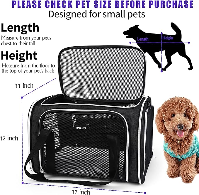 BAGLHER Pet Travel Carrier, Cat Carriers Dog Carrier for Small Medium Cats Dogs Puppies, Airline Approved Small Dog Carrier Soft Sided, Collapsible Puppy Carrier. Black