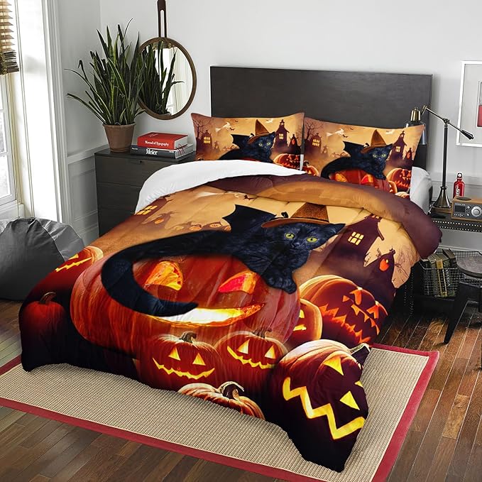 AILONEN Cat Halloween Comforter Set Twin Size,Scary Pumpkin Lantern Black Cat Bedding Set for Boys Girls Room Decor,Retro Gothic Duvet Set 3 Pieces, 1 Quilt and 2 Pillowcases