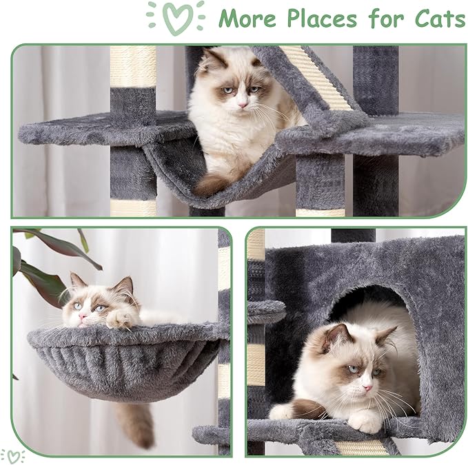 Cat Tree, 63 inch Multi-Level Cat Tower for Indoor Cats, Cat Condo with Cat Scratching Post and Board, Cat Hammock, Smoky Gray GCT011G