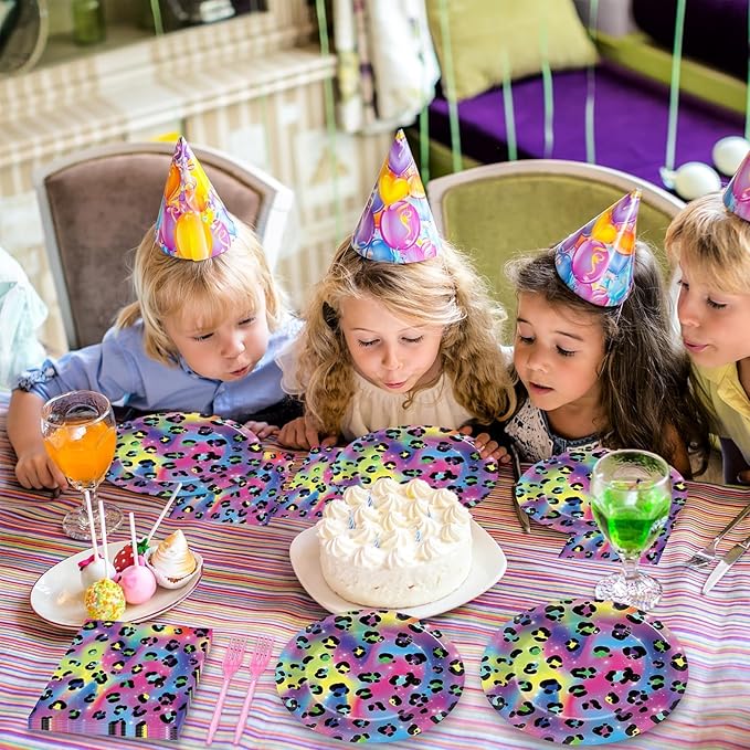 96Pcs Neon Rainbow Leopard Birthday Party Supplies Cheetah Party Plates and Napkins Neon Rainbow Leopard Party Disposable Tableware Decorations for Neon Baby Shower Party Favors for 24 Guests