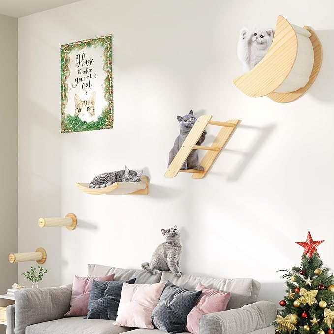 DWVO Cat Wall Shelves and Perches for Wall, Solid Wood Wall Mounted Cat Furniture, Set of 5 Cat Climbing Shelves with Moon Cat House, Cat Bridge Ladder, Cat Hammock and Cat Scratching Post