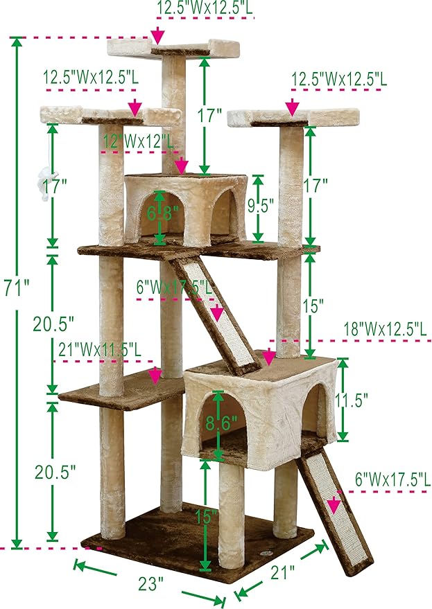 Go Pet Club Everyday Value 71in Cat Tree Kitty Tower Kitten with Dual Condos and Double Scratching Boards Indoor Cat Activity Center Furniture, Beige/Brown