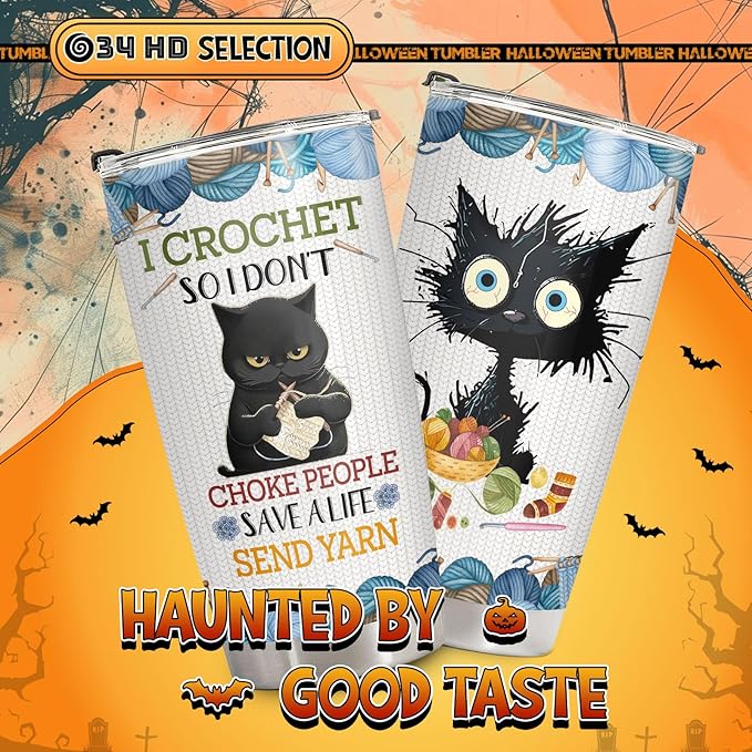 34HD Black Cat Tumbler with Lid, 20oz Vacuum Insulated Cat Coffee Cup, I Crochet So I Dont Choke People Mug, Crochet Lover Gifts for Birthday Mothers Day Christmas