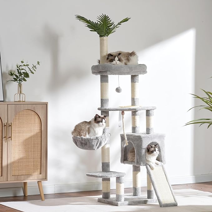 Heybly Cat Tree,Cat Tower for Indoor Cats, 65.4 inches Cat Condo with Perches, Basket, Feeding Bowl Station, Multi-Level Plush Furniture with Scratching Posts, Light Gray HCT015W