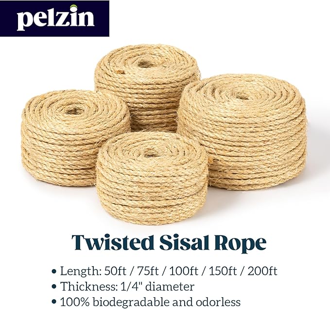 Natural Sisal Rope for Cat Scratcher 1/4 Inch by 200 Feet, Cat Tree Rope Twine for Cat Scratching Post Replacement, Cat Tower with Scratch Post Repairing, Replace, Recovering and DIY, Natural