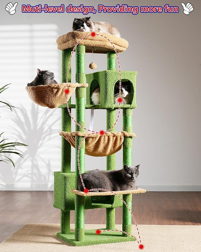 Cat Tree for Indoor Cats Large Adult, 60.2 Cat Tower with Large Platforms, Cat condo, Cat Tree Tower with 8 Cat Scratching Posts, Cat Hammock, Green and Brown GCT030-MGY