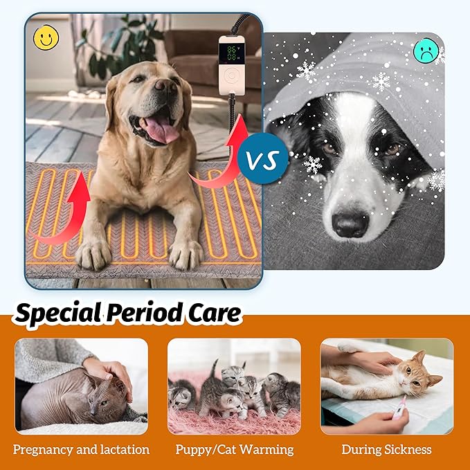 PatiencET Heated Cat Bed, 18'' x 28'' Temperature Adjustable Cat Dog Heating Pad with Timer Indoor, Pet Heating Pad for Cats Dogs, Cat Warming Pad Bed with Metals Chew Resistant Cord