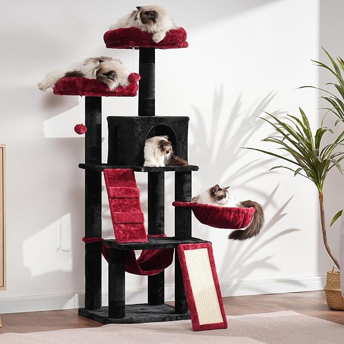 Heybly Gothic Cat Tree, Halloween Cat Tower for Indoor Cats,Multi-Level Cat Furniture Condo for Cats with Padded Plush Perch, Cozy Basket and Scratching Board,Black and Red HCT014BR
