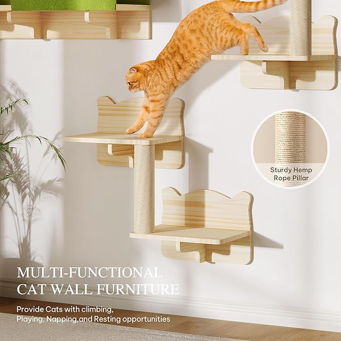 DWVO Solid Wood Cat Wall Shelves and Perches for Wall, Pine Wooden Wall Mounted Cat Furniture, Set of 7 Cat Climbing Shelves with Wall Steps, Scratching Post and Cat Tunnel
