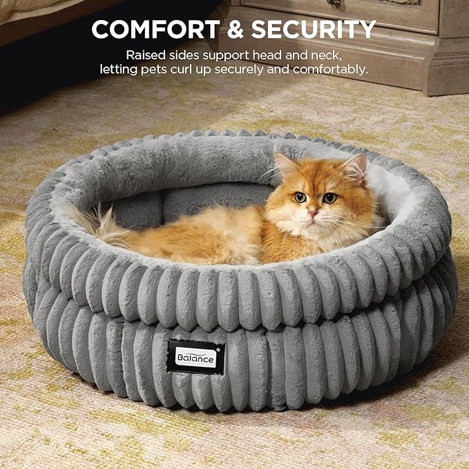 BALANCE Cat Bed Kitten Bed, Washable Round Cat Beds for Indoor Cats, Super Soft Plush Faux Fur Pet Bed for Puppy and Kitten with Anti-Slip Bottom