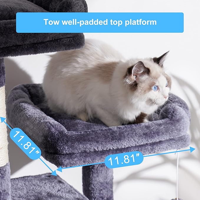 Hey-brother Cat Tree Tower, 57" Cat Tower with Scratching Posts, Multi-Level with hammocks, Toys, cat condo and Scratching Board, Smoky Gray MPJ028G