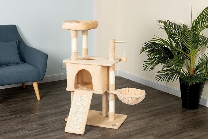 Go Pet Club Everyday Value 38in Cat Tree Tower Cat Condo Comfy Large Perch, Scratching Posts, Scratching Board, Dangling Ball, Cat Play Tower for Cats and Kittens, Beige