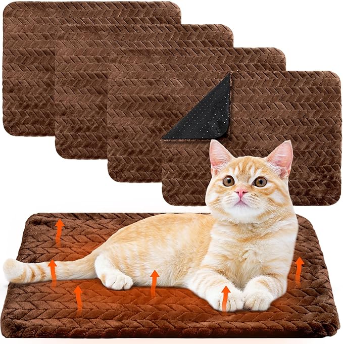 4 Pack Self Heating Cat Pad Self Warming Cat Mat Non Slip Warm Dog Bed Pad Mat Washable Pet Kennel Pad Crate Bed Mat Removable Cover Cat Blanket for Indoor Outdoor(Dark Coffee,16 x 20 Inch)