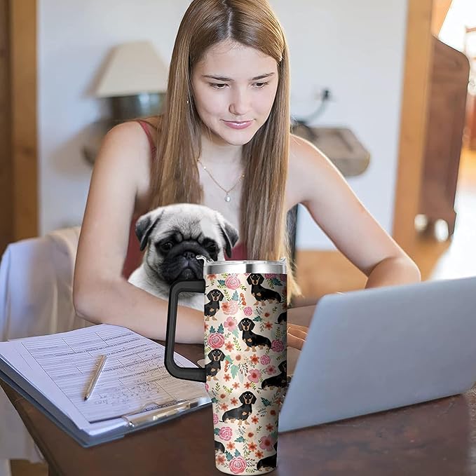 40 Oz Dachshund Tumbler With Handle and Straw, Double Wall Stainless Steel Mug, Coffee Mug for Dog Lovers, Dad or Mom Tumbler, Gifts for Women and Men