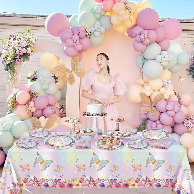 96PCS Butterfly Party Decorations Flower Fairy Birthday Tableware Flower Paper Plates Butterfly Plates Napkins Dinnerware for Baby Shower Party Supplies, Serves 24