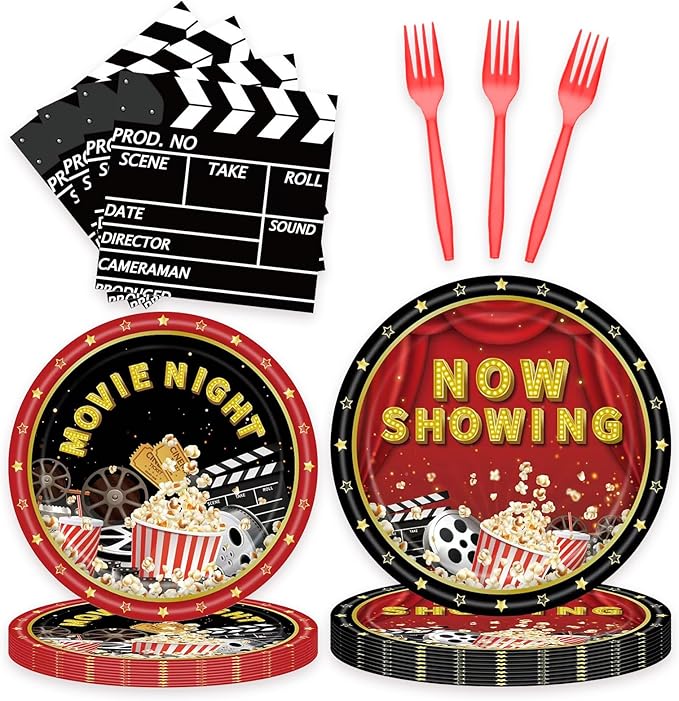 96 Pcs Movie Theme Party Plates Napkins Forks Decorations Tableware Set Supplies Disposable Paper Movie Night Popcorn Projection Tape Favors, Serves 24 Guests