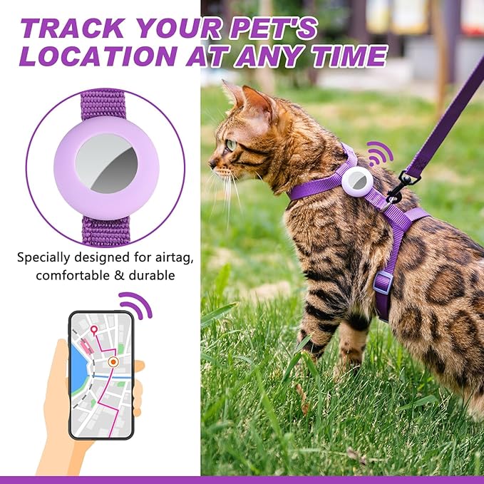 Cat Harness and Leash Set Escape Proof for Walking, Adjustable Cute Kitten Harness Leash with Airtag Holder for Small Large Cats, Lightweight Soft Walking Travel Harness (Purple)