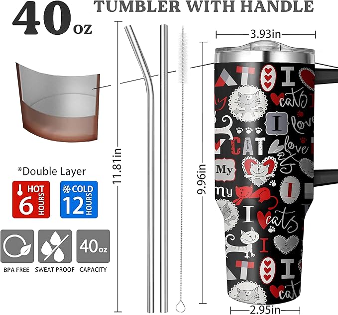 40 Oz Cat Tumbler With Straw and Handle, Double Wall Stainless Steel Coffee Mug, Insulated for Cat Lovers, Mom or Dad Cups Gifts for Women