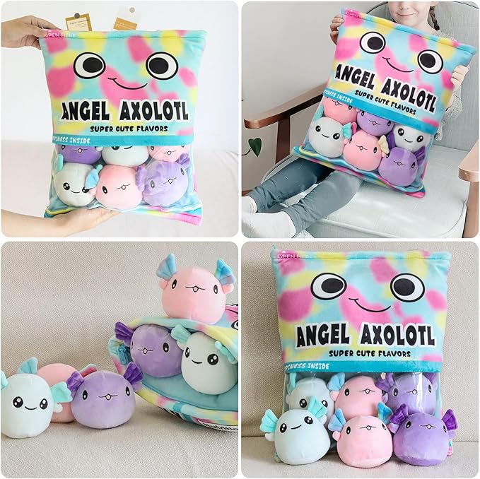 Axolotl Plush Pillow, Cute Axolotl Pillow with Axolotl Plushies, Bag of Axolotl Stuffed Animal Dolls, Stuffed Axolotl Gift for Kids, Cute Plush Axolotl Toy for Birthday, Christmas (Colorful Axolotl)