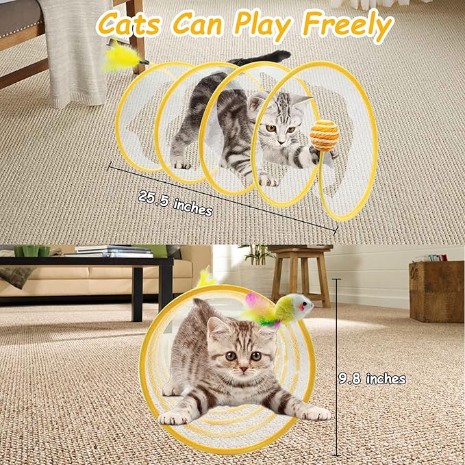 2 Packs Folded Cats Tunnel, Cats Tunnels Toy for Indoor Cats, Collapsible Cats Tubes Played Tunnel Spring Pet Cats Tunnel Bed Interactive Toys with Feather Mouse Hemp Ball for Kitten Yellow