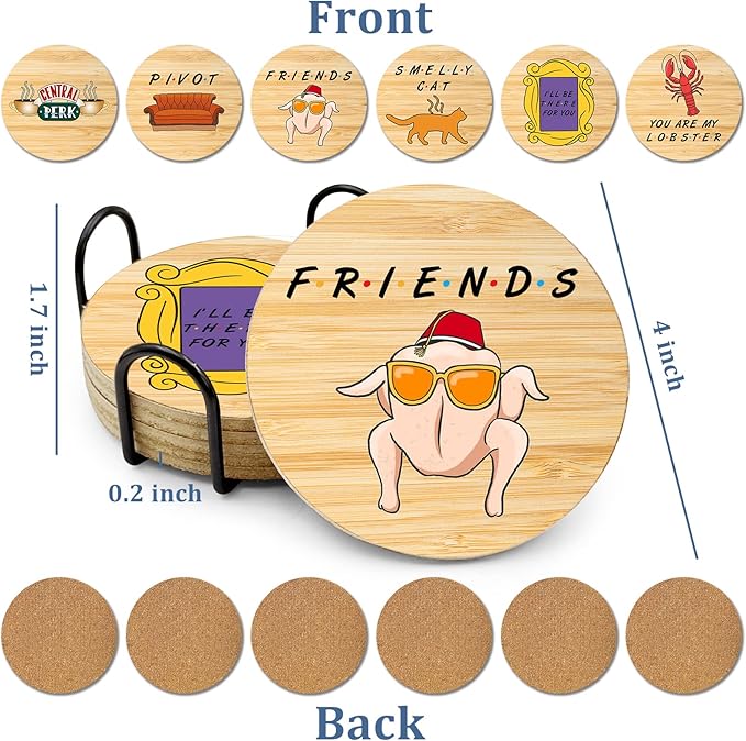 6 PCS Friends Cork Coasters for Drinks,Friends TV Show Merchandise,Funny Coasters Set with Coaster Holder for Coffee Table Tea Table bar,Friend TV Themed Gifts for Fans