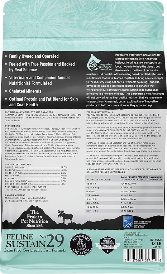 Annamaet Grain-Free Feline Sustain No. 29 Formula Dry Cat Food, (Line-Caught Cod & Free-Range Turkey), 12-lb Bag