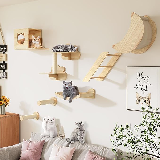 DWVO Cat Wall Shelves and Perches for Wall, Solid Wood Wall Mounted Cat Furniture, Set of 9 Cat Climbing Shelves with Moon Cat Wall House, Cat Wall Steps, Ladder, Scratching Post, Cat Hammock