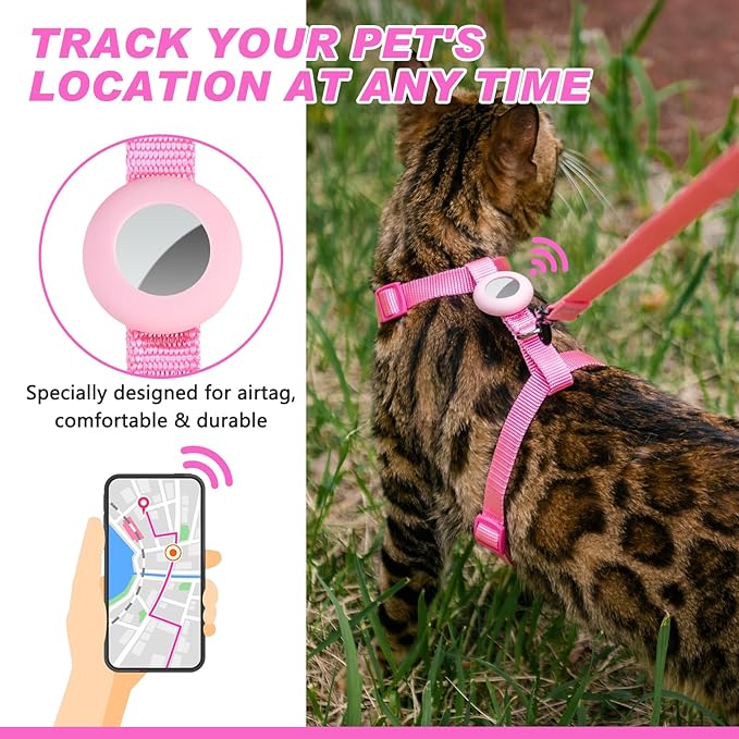 Cat Harness and Leash Set Escape Proof for Walking, Adjustable Cute Kitten Harness Leash with Airtag Holder for Small Large Cats, Lightweight Soft Walking Travel Harness (Pink)