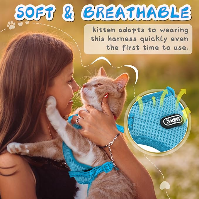 Supet Cat Harness and Leash Set for Small to Large Cats Adjustable Cat Vest Harness with Reflective Trim Universal Cat Leash and Harness for Cats/Puppies
