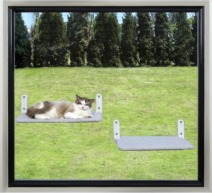 Easy Fold Cat Window Perch - Cordless, Fold-Up, Zip Closure Embeded Machine Washable Bed Cover, Robust Metal Frame - Cat Hammock for Window for Large Cats and Kittens (Gray, Large)