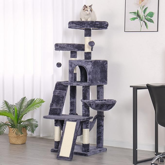 Heybly Cat Tree, Cat Tower for Indoor Cats,Multi-Level Cat Furniture Condo for Cats with Padded Plush Perch, Cozy Basket and Scratching Board Smoky Gray HCT014G
