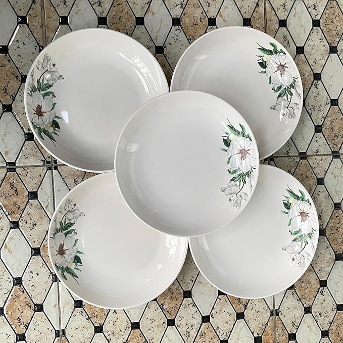 5 Pack Ceramic Plates with Lotus Pattern, 7.12 inch Large Dessert Salad Porcelain Dinner Plates, Ceramic Dessert Dishes for Steak, Pasta, Pizza, Appetizer ( Dishwasher & Microwave Safe Dinnerware)