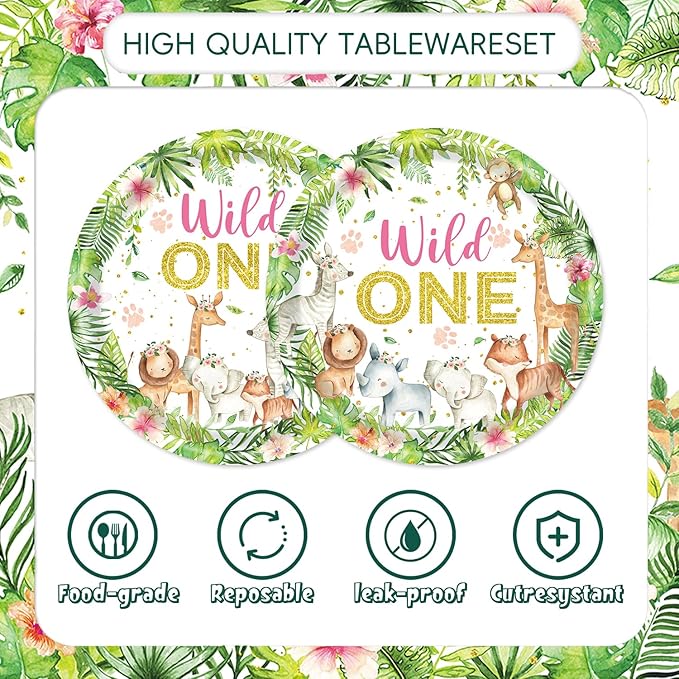 48Pcs Wild One Birthday Decorations Jungle Safari Theme Tableware Set Wild Animals Disposable Plates Napkins Forks Serves 16 Safari Baby Shower Decorations
