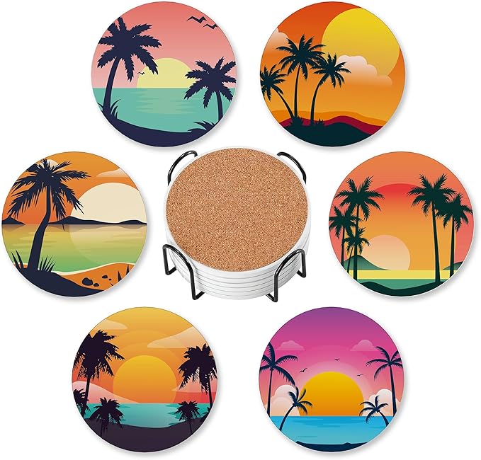 6 Pcs Drink Coasters with Holder,Palm Trees Beach Sunset Absorbent Round Ceramic Coaster for Tabletop Protection,for Coffee Cup Beverage Coasters Wine Beer Bar