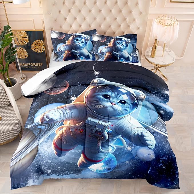 AILONEN Kids Cat Comforter Set Twin, 3D Cute Kawaii Cat Bedding Set Lovely Animal Kitten Space Astronaut Comforter for Girls Boys, Galaxy Planet Duvet with 2 Pillowcases