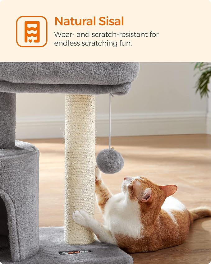 Feandrea Cat Tree, Cat Tower with Sisal-Covered Scratching Post, Cat Condo with Padded Perch, for Small Spaces, Kittens, Light Gray UPCT50W