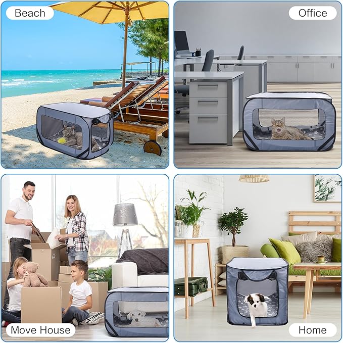 37 Inch Portable Cat Dog Crate with Mat Liner Pop up Dog Kennel Pet Tent Car Seat Travel Kennel Bed for Indoor Outdoor Waterproof Pet Crate Cage for Large Cat Medium Puppy Camping(Gray)