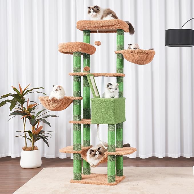 Heybly Cat Tree, 68 inch Multi-Level Cat Tower for Indoor Cats, 2 Widened Plush Perches Cat Condo with Scratching Board and Big Caves, HCT025CA