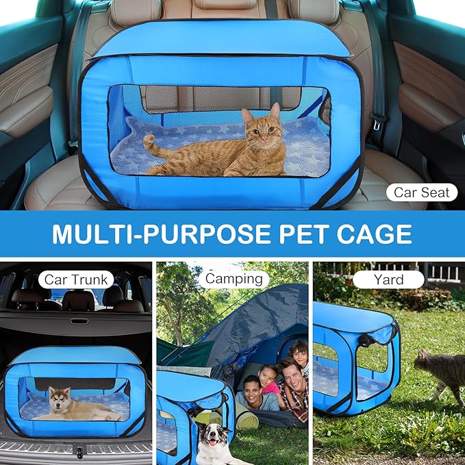 37 Inch Portable Cat Dog Crate with Mat Liner Pop up Dog Kennel Pet Tent Car Seat Travel Kennel Bed for Indoor Outdoor Waterproof Pet Crate Cage for Large Cat Medium Puppy Camping(Blue)
