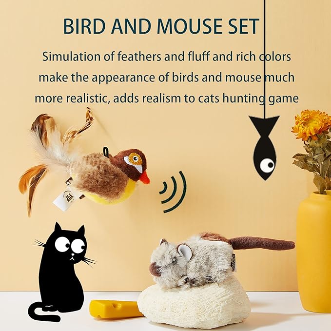 2 Pack Cat Toys Interactive for Indoor Cats Feather Squeaky Bird & Mouse Kitten Plush Toys, Three Dogs & A Cat Melody Chaser Motion Activated Kitty Toys with Bird Chirping