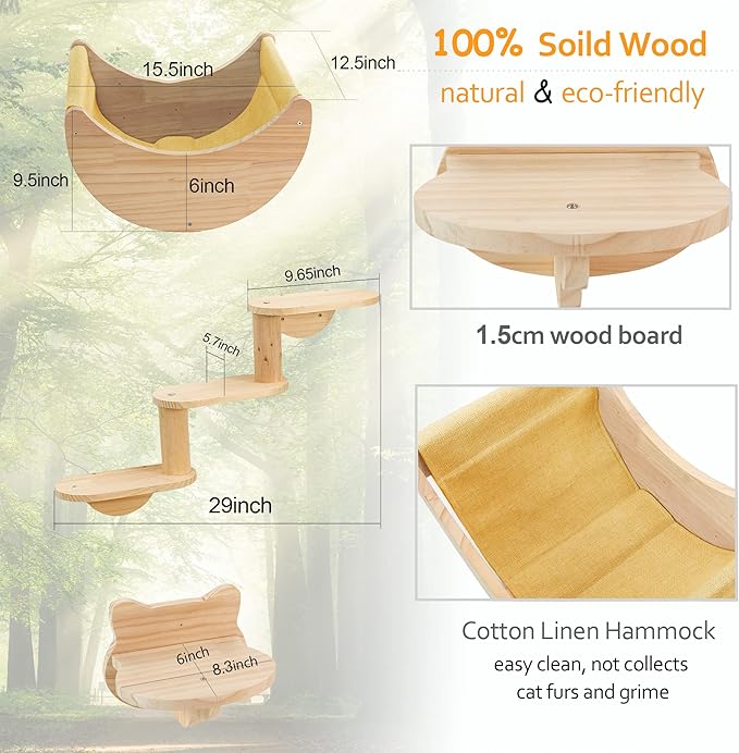 Cat Shelf for Wall Mount Hammock with 3-Levels Climbing Ladder and Shelves Moon Cats Wall Furniture for Activity Indoor Kitty (3-Levels Steps)