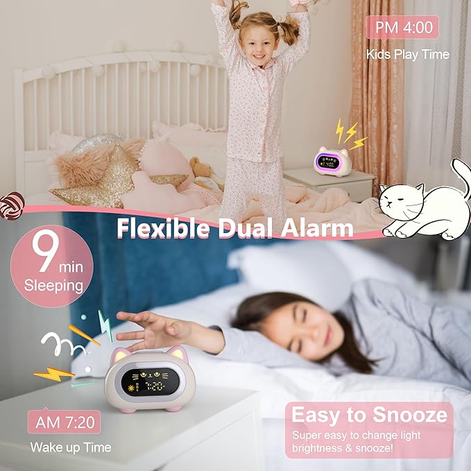 Alarm Clock for Kids, Sleep Training Clock for Girls With Dual Alarm, Eye Protection, Auto Off Timer, 10 Color Night Light, Cat Ok to Wake Clock