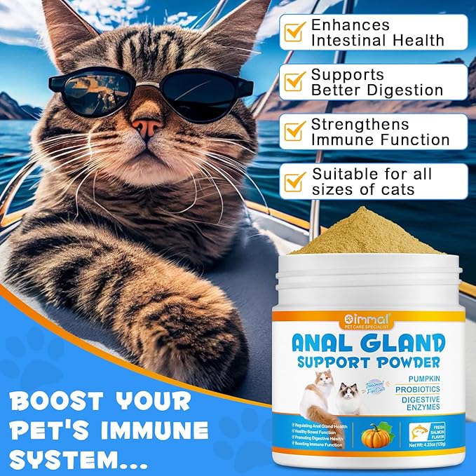 Anal Gland Support Powder for Cats, Anal Gland Supplement Powder with Pumpkin and Probiotics Supports Cats Anal Gland Health, Pet Supplement Anal Gland Support Powder Treatment for Cats - 120g